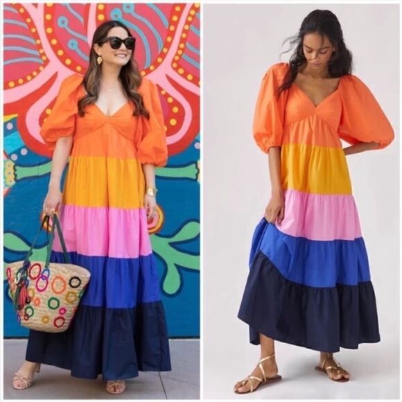 Anthropologie Farm Rio Tiered Colorblock
Puff Sleeves Fun Maxi Dress - Picture 2 of 16